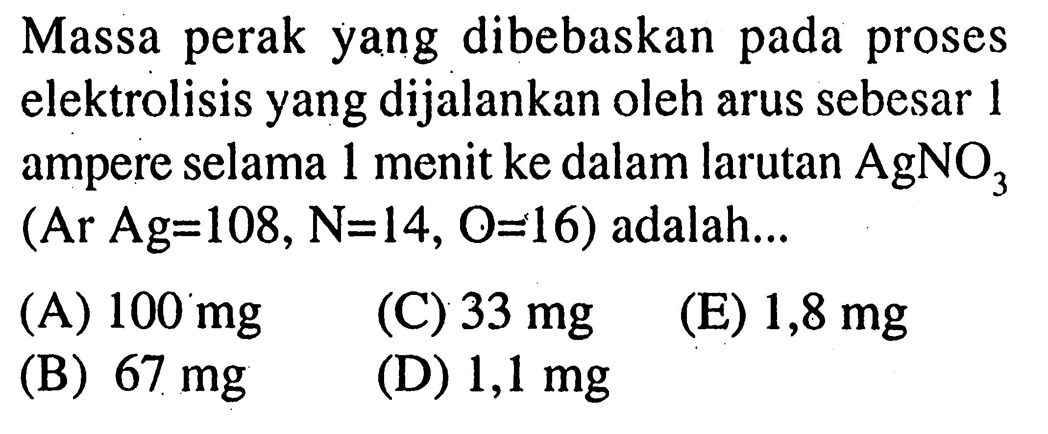 Massa perak yang dibebaskan pada proses elektrolisis yang dijalankan oleh arus sebesar 1 ampere selama 1 menit ke dalam larutan AgNO3 (Ar Ag = 108, N = 14, O = 16) adalah...