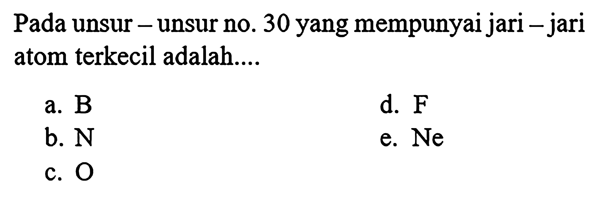 Pada unsur-unsur no.30 yang mempunyai jari-jari atom terkecil adalah....