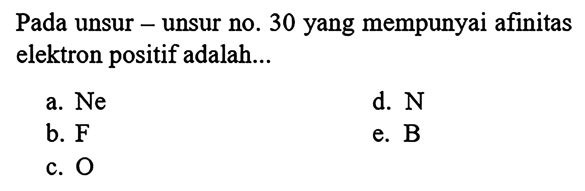 Pada unsur - unsur no. 30 yang mempunyai afinitas elektron positif adalah...
