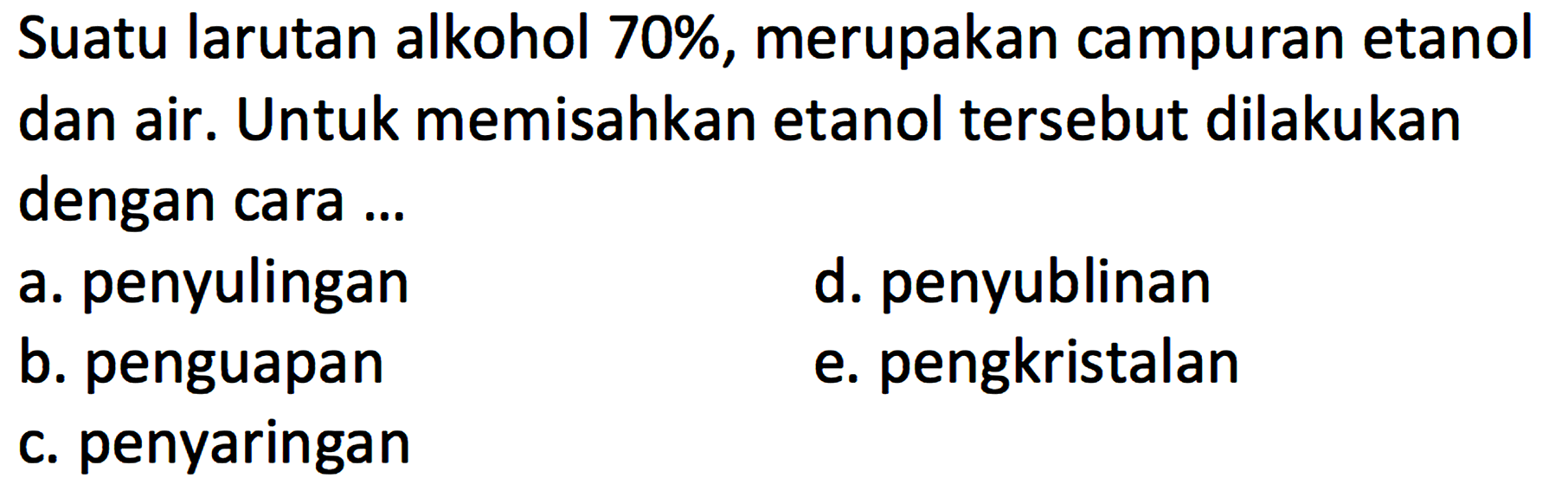 Suatu larutan alkohol 70%, merupakan campuran etanol dan air. Untuk memisahkan etanol tersebut dilakukan dengan cara ...
