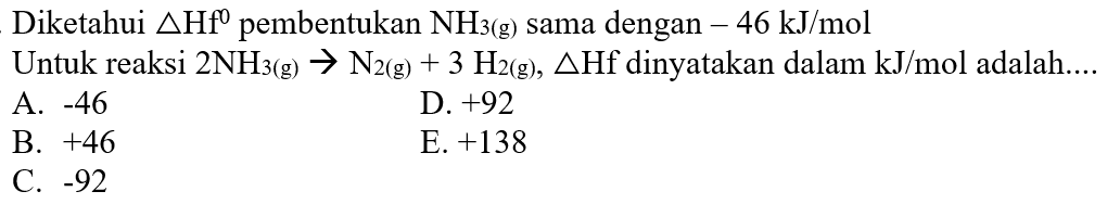 Diketahui delta Hf^0 pembentukan NH3(g) sama dengan -46 kJ/mol  Untuk reaksi 2NH3(g) -> N2(g) + 3H2(g), delta Hf  dinyatakan dalam  kJ/mol adalah....