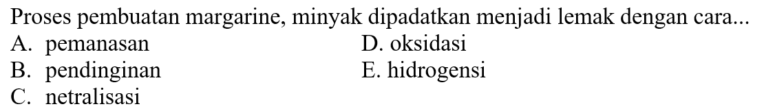 Proses pembuatan margarine, minyak dipadatkan menjadi lemak dengan cara...
A. pemanasan
D. oksidasi
B. pendinginan
E. hidrogensi
C. netralisasi