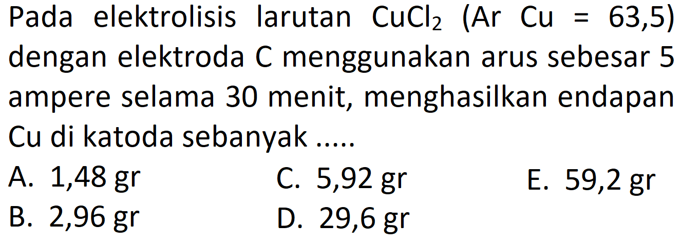 Pada elektrolisis larutan CuCl2(Ar Cu=63,5) dengan elektroda C menggunakan arus sebesar 5 ampere selama 30 menit, menghasilkan endapan Cu di katoda sebanyak.....
