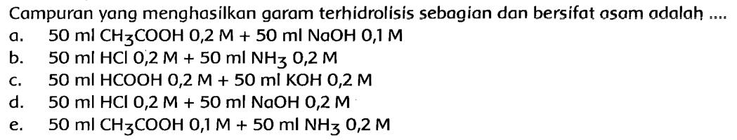 Campuran yang menghasilkan garam terhidrolisis sebogian dan bersifat asam adalah ....
a.  50 ml CH3 COOH 0,2 M+50 ml NaOH 0,1 M
b.  50 ml HCl 0,2 M+50 ml NH3 0,2 M
c.  50 ml HCOOH 0,2 M+50 ml KOH 0,2 M
d.  50 ml HCl 0,2 M+50 ml NaOH 0,2 M
e.  50 ml CH3 COOH 0,1 M+50 ml NH3 0,2 M