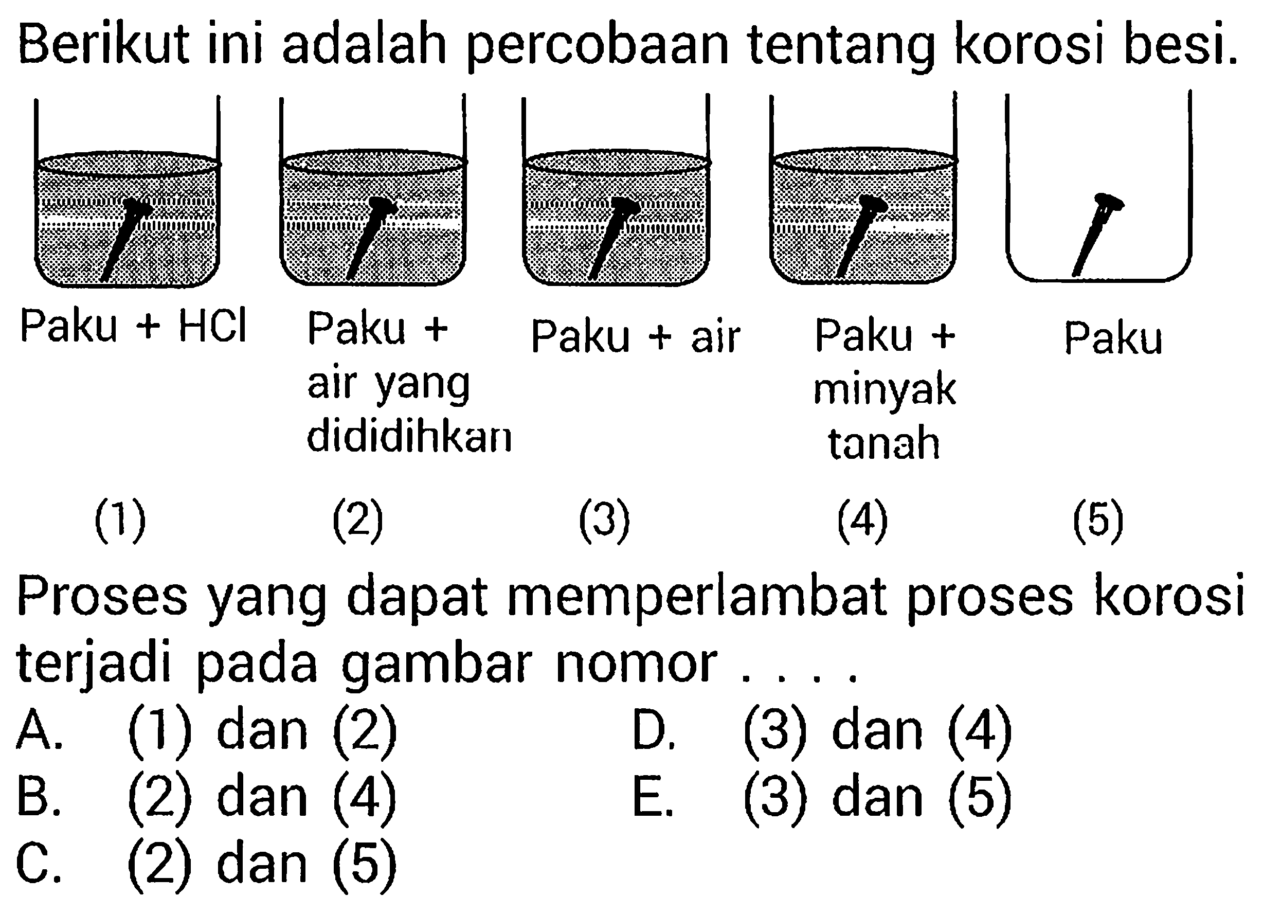 Berikut ini adalah percobaan tentang korosi besi.(1) Paku + HCl(2) Paku + air yang dididihkan(3) Paku + air(4) Paku + minyak tanah(5) PakuProses yang dapat memperlambat proses korosi terjadi pada gambar nomor .... A. (1) dan (2)D. (3) dan (4)B. (2) dan (4)E. (3) dan (5)C. (2) dan (5) 