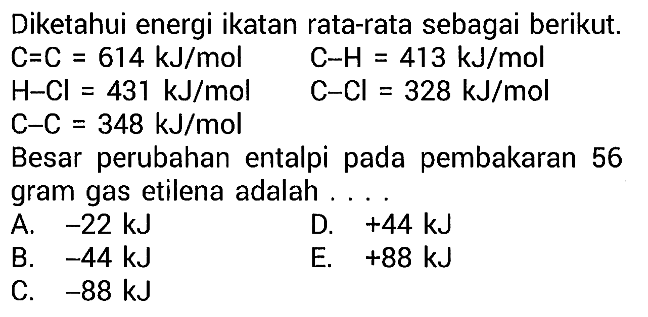 Diketahui energi ikatan rata-rata sebagai berikut C=C = 614 kJ/mol C-H = 413 kJ/mol H-Cl = 431 kJ/mol C-Cl = 328 kJ/mol C-C = 348 kJ/mol Besar perubahan entalpi pada pembakaran 56 gram gas etilena adalah