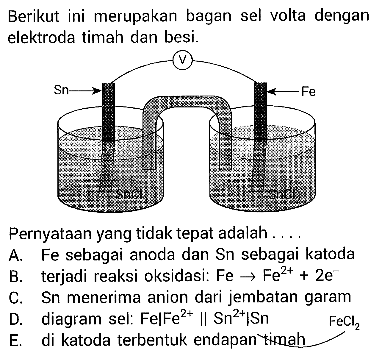 Berikut ini merupakan bagan sel volta dengan elektroda timah dan besi. V Sn Fe SnCl2 SnCl2 
Pernyataan yang tidak tepat adalah A. Fe sebagai anoda dan Sn sebagai katoda B. terjadi reaksi oksidasi: Fe -> Fe^(2+) + 2 e^- C. Sn menerima anion dari jembatan garam D. diagram sel: Fe | Fe^(2+) || Sn^(2+) | Sn E. di katoda terbentuk endapan timah 