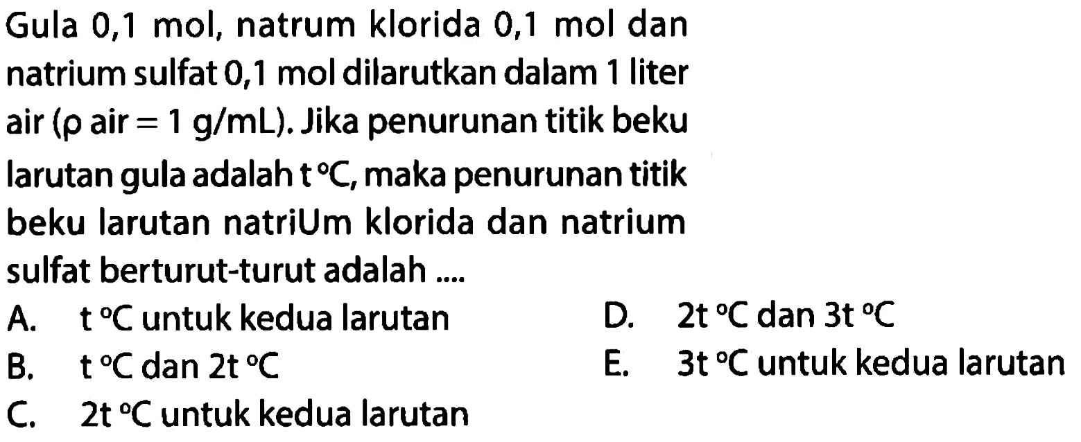 Gula 0,1 mol, natrum klorida 0,1 mol dan natrium sulfat 0,1 mol dilarutkan dalam 1 liter air (rho air = 1 g/mL). Jika penurunan titik beku larutan gula adalah t C, maka penurunan titik beku larutan natrium klorida dan natrium sulfat berturut-turut adalah A. t C untuk kedua larutan D. 2t C dan 3t C B. t C dan 2t C E. 3t C untuk kedua larutan C. 2t C untuk kedua larutan