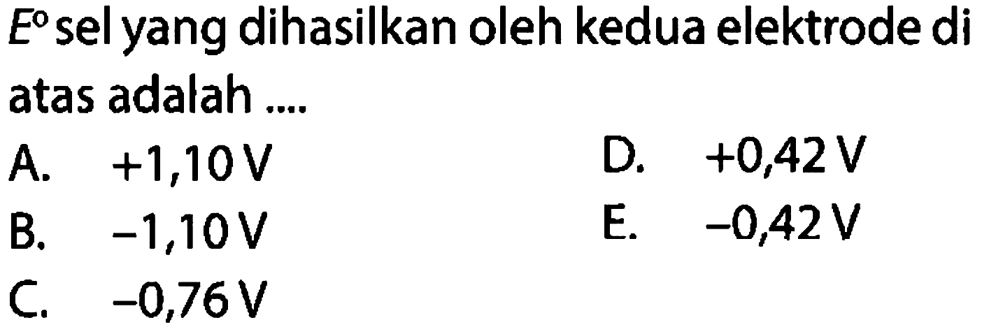  E sel yang dihasilkan oleh kedua elektrode di atas adalah ....
