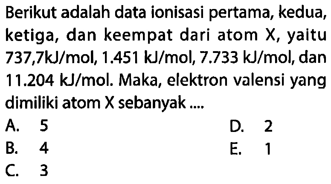 Berikut adalah data ionisasi pertama, kedua, ketiga, dan keempat dari atom X, yaitu 737,7 kJ/mol, 1.451 kJ/mol, 7.733 kJ/mol, dan 11.204 kJ/mol. Maka, elektron valensi yang dimiliki atom X sebanyak...