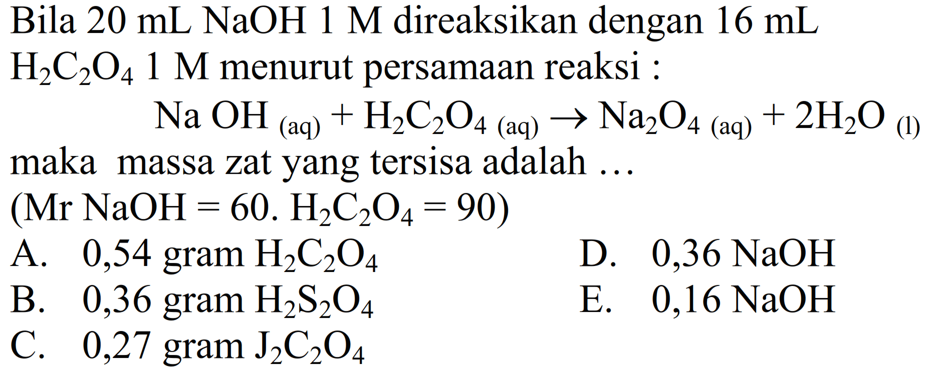 Bila  20 mL NaOH 1 M  direaksikan dengan  16 mL   H2 C2 O4 1 M  menurut persamaan reaksi :

Na OH(aq)+H2 C2 O4  { (aq) ) -> Na2 O4  { (aq) )+2 H2 O_( {(1) ))

maka massa zat yang tersisa adalah ...
 (Mr NaOH=60 . H2 C2 O4=90) 
A. 0,54 gram  H2 C2 O4 
D.  0,36 NaOH 
B. 0,36 gram  H2 S2 O4 
E.  0,16 NaOH 
C. 0,27 gram  J2 C2 O4 