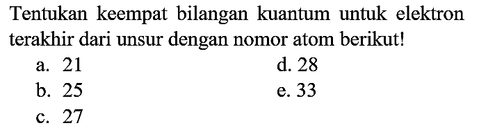 Tentukan keempat bilangan kuantum untuk elektron terakhir dari unsur dengan nomor atom berikut!
a. 21
d. 28
b. 25
e. 33
c. 27