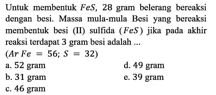 Untuk membentuk FeS, 28 gram belerang bereaksi dengan besi. Massa mula-mula Besi yang bereaksi membentuk besi (II) sulfida (FeS) jika pada akhir reaksi terdapat 3 gram besi adalah... (Ar Fe=56; S=32)