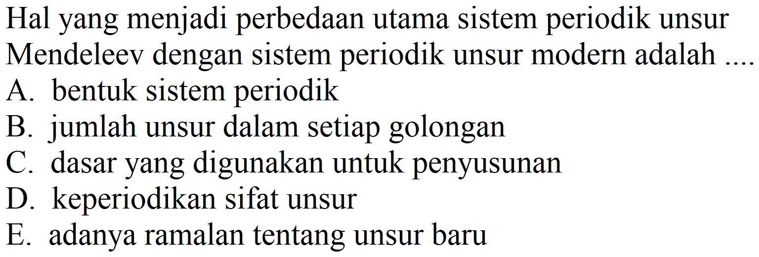 Hal yang menjadi perbedaan utama sistem periodik unsur Mendeleev dengan sistem periodik unsur modern adalah ....