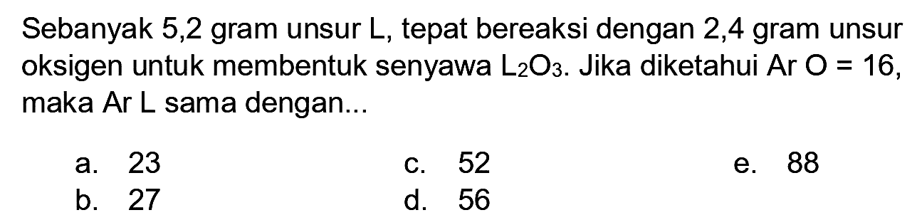 Sebanyak 5,2 gram unsur  L , tepat bereaksi dengan 2,4 gram unsur oksigen untuk membentuk senyawa  L_(2) O_(3) . Jika diketahui  Ar O=16 , maka Ar L sama dengan...
a. 23
c. 52
e. 88
b. 27
d. 56