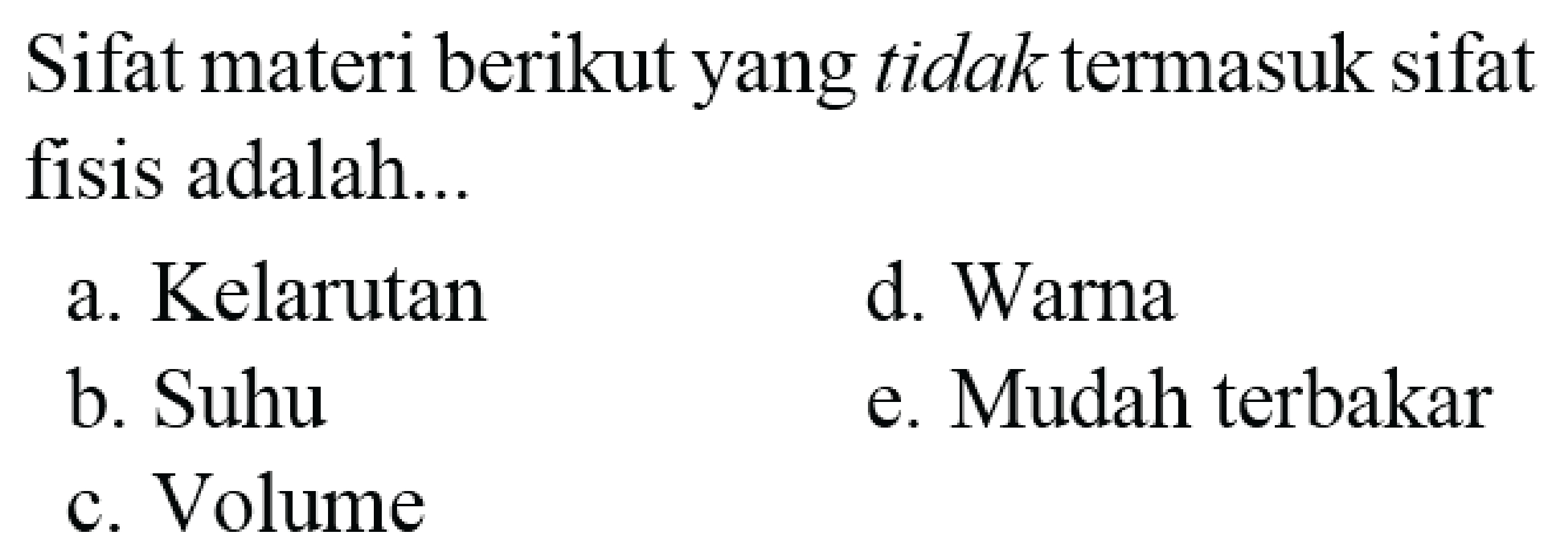 Sifat materi berikut yang tidak termasuk sifat fisis adalah...
a. Kelarutan
d. Warna
b. Suhu
e. Mudah terbakar
c. Volume