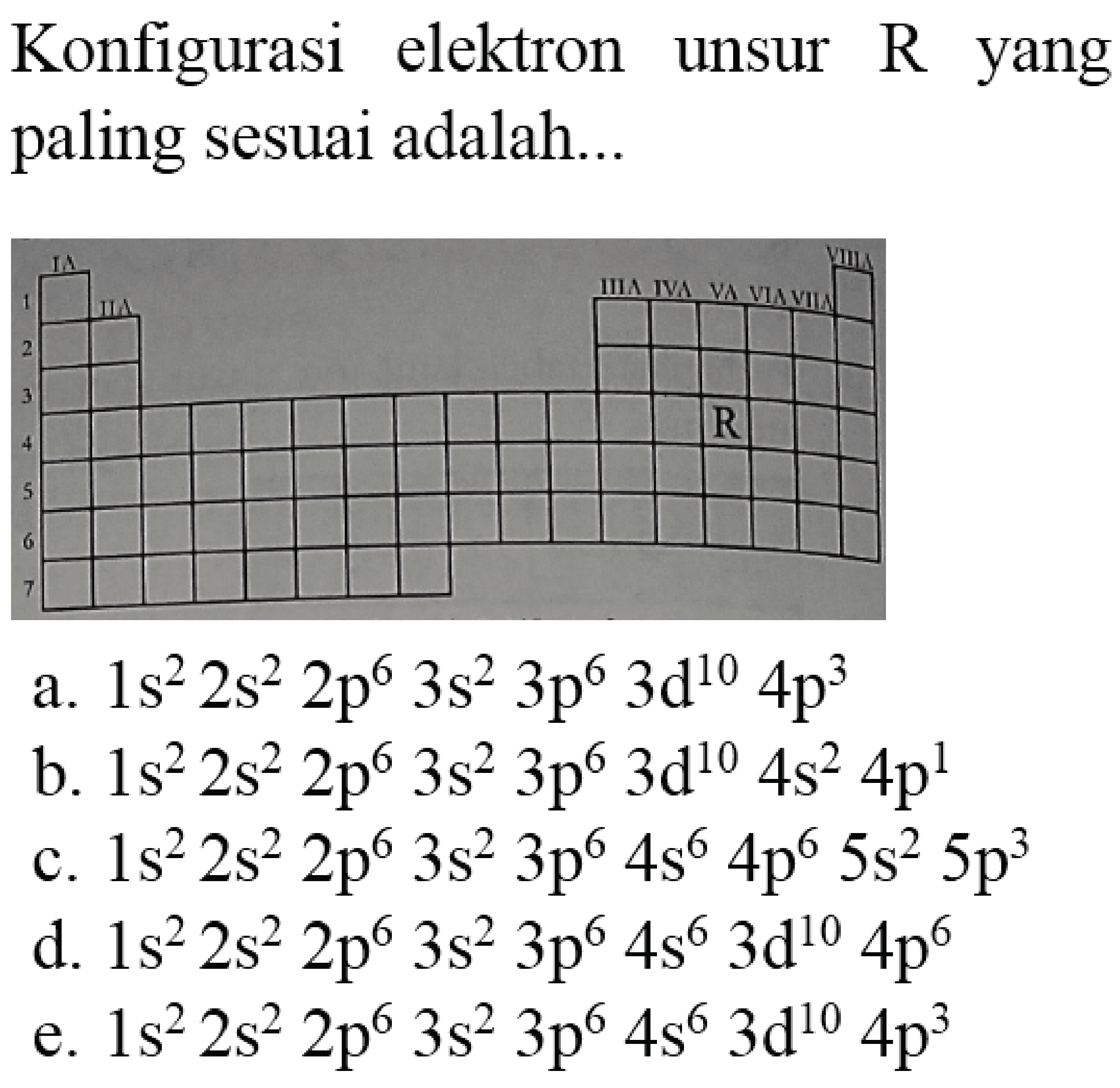 Konfigurasi elektron unsur  R  yang paling sesuai adalah...
a.  1 s^(2) 2 s^(2) 2 p^(6) 3 s^(2) 3 p^(6) 3 d^(10) 4 p^(3) 
b.  1 s^(2) 2 s^(2) 2 p^(6) 3 s^(2) 3 p^(6) 3 ~d^(10) 4 s^(2) 4 p^(1) 
c.  1 s^(2) 2 s^(2) 2 p^(6) 3 s^(2) 3 p^(6) 4 s^(6) 4 p^(6) 5 s^(2) 5 p^(3) 
d.  1 s^(2) 2 s^(2) 2 p^(6) 3 s^(2) 3 p^(6) 4 s^(6) 3 d^(10) 4 p^(6) 
e.  1 s^(2) 2 s^(2) 2 p^(6) 3 s^(2) 3 p^(6) 4 s^(6) 3 d^(10) 4 p^(3) 