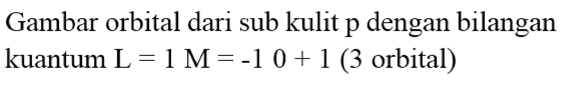 Gambar orbital dari sub kulit  p  dengan bilangan kuantum  L=1 M=-10+1  (3 orbital)