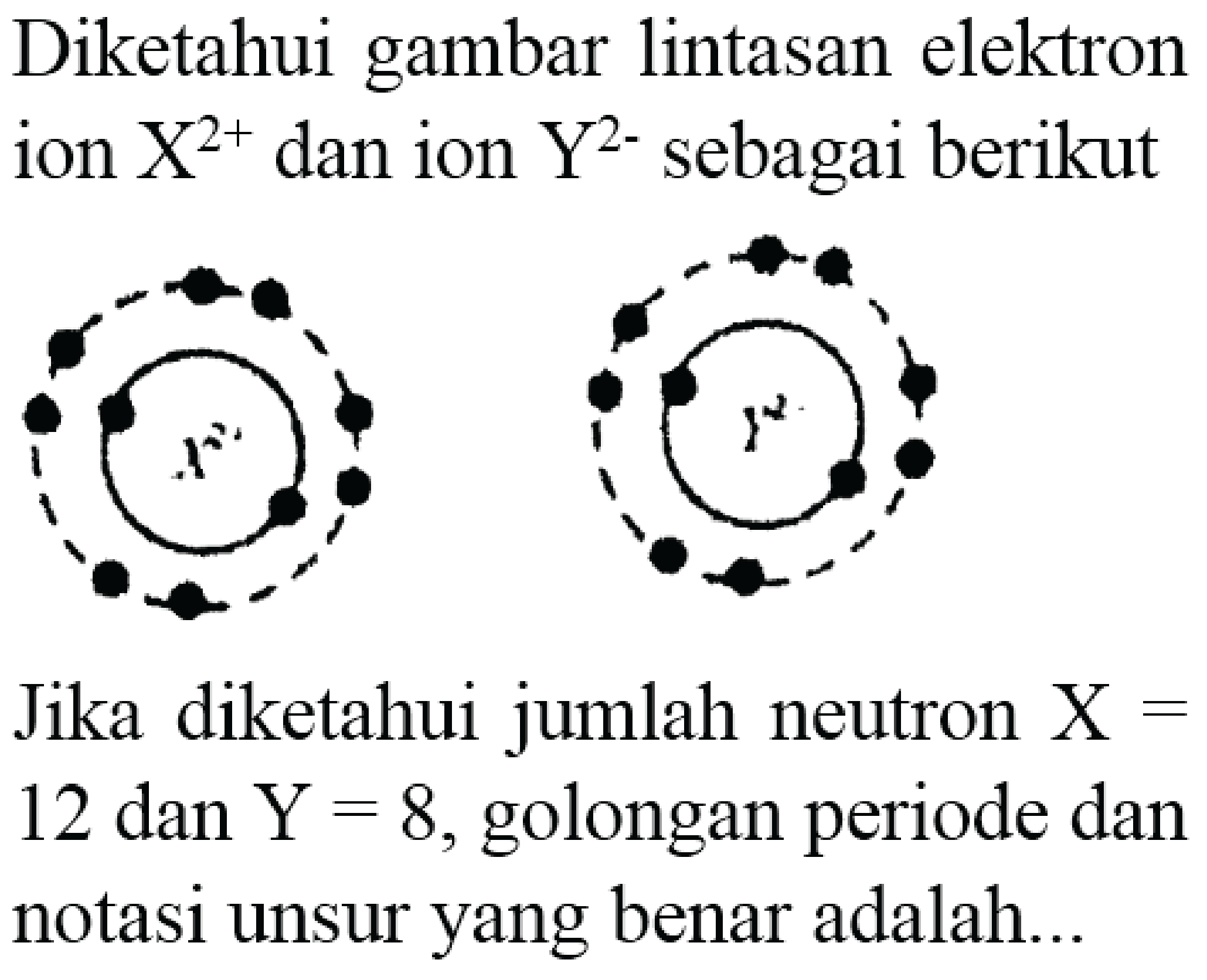 Diketahui gambar lintasan elektron ion  X^(2+)  dan ion  Y^(2-)  sebagai berikut
Jika diketahui jumlah neutron  X=   12 dan Y=8 , golongan periode dan notasi unsur yang benar adalah...