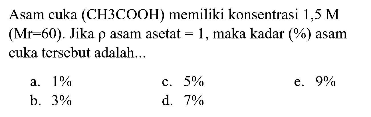 Asam cuka (CH3COOH) memiliki konsentrasi 1,5 M  (Mr=60) . Jika  rho  asam asetat  =1 , maka kadar (%) asam cuka tersebut adalah...
a.  1 % 
c.  5 % 
e.  9 % 
b.  3 % 
d.  7 % 