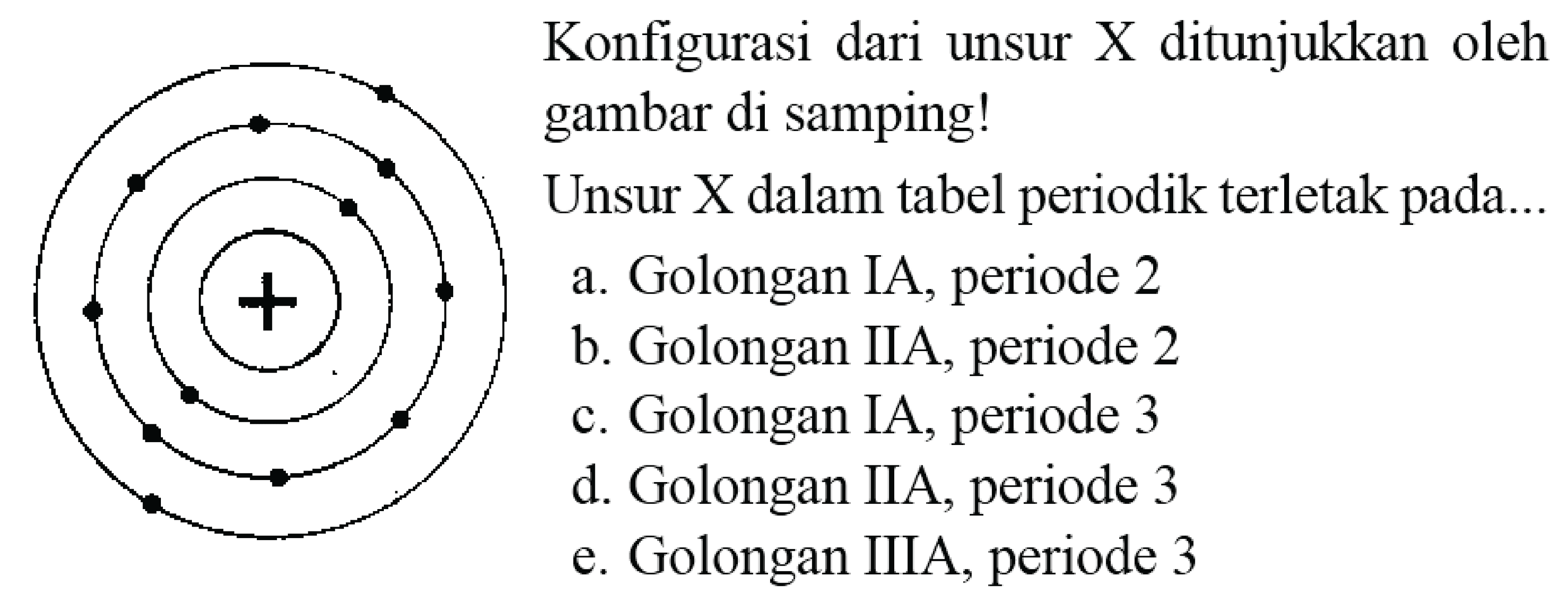 Konfigurasi dari unsur X ditunjukkan oleh gambar di samping!
+
Unsur  X  dalam tabel periodik terletak pada...
a. Golongan IA, periode 2
b. Golongan IIA, periode 2
c. Golongan IA, periode 3
d. Golongan IIA, periode 3
e. Golongan IIIA, periode 3