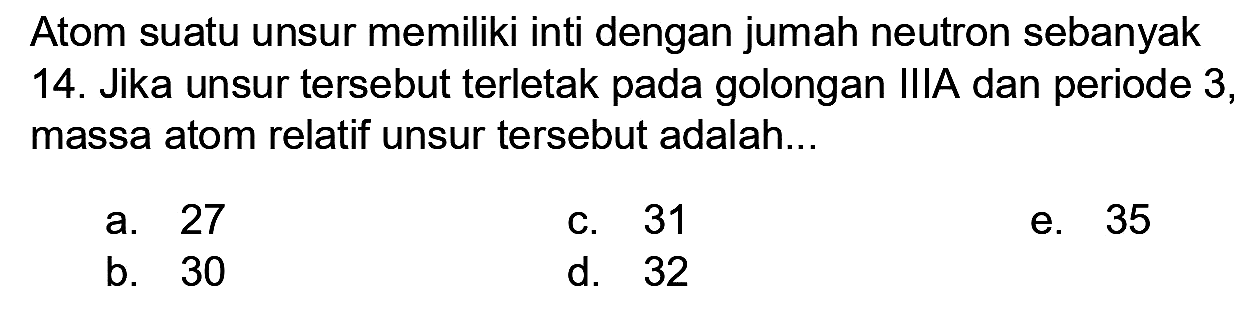 Atom suatu unsur memiliki inti dengan jumah neutron sebanyak 14. Jika unsur tersebut terletak pada golongan IIIA dan periode 3 , massa atom relatif unsur tersebut adalah...