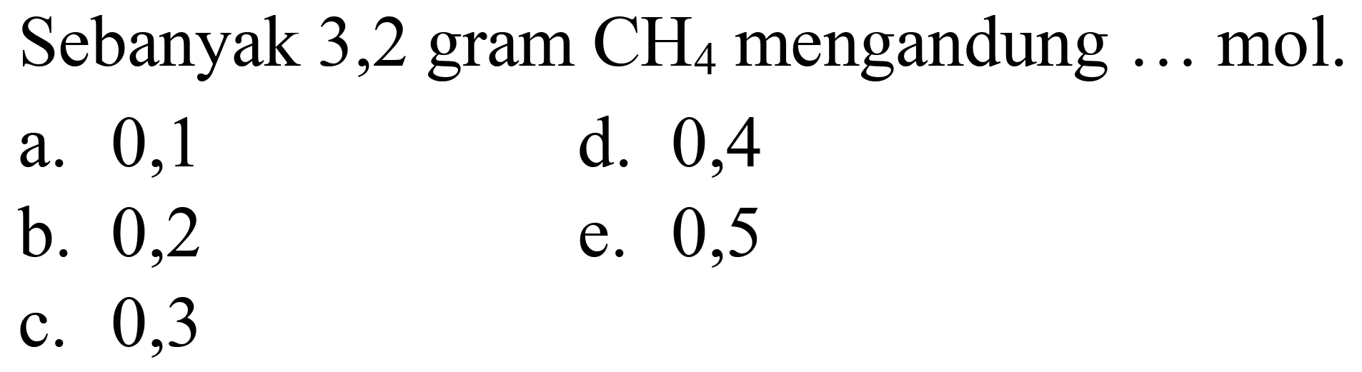 Sebanyak 3,2 gram  CH_(4)  mengandung ... mol.
a. 0,1
d. 0,4
b. 0,2
e. 0,5
c. 0,3