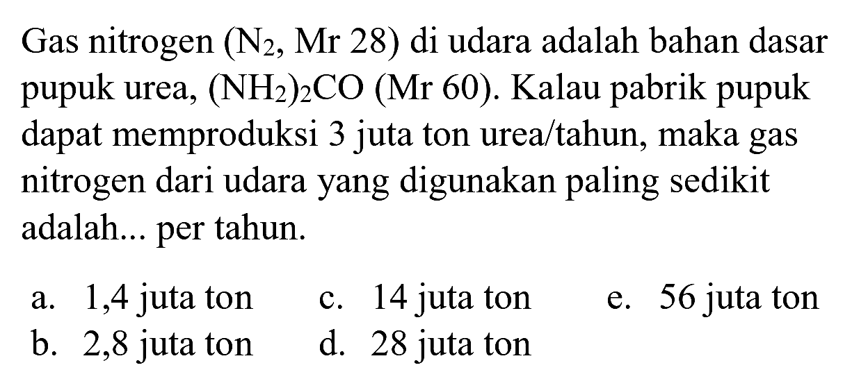 Gas nitrogen  (N_(2), Mr 28)  di udara adalah bahan dasar pupuk urea,  (NH_(2))_(2) CO(Mr 60) . Kalau pabrik pupuk dapat memproduksi 3 juta ton urea/tahun, maka gas nitrogen dari udara yang digunakan paling sedikit adalah... per tahun.
a. 1,4 juta ton
c. 14 juta ton
e. 56 juta ton
b. 2,8 juta ton
d. 28 juta ton