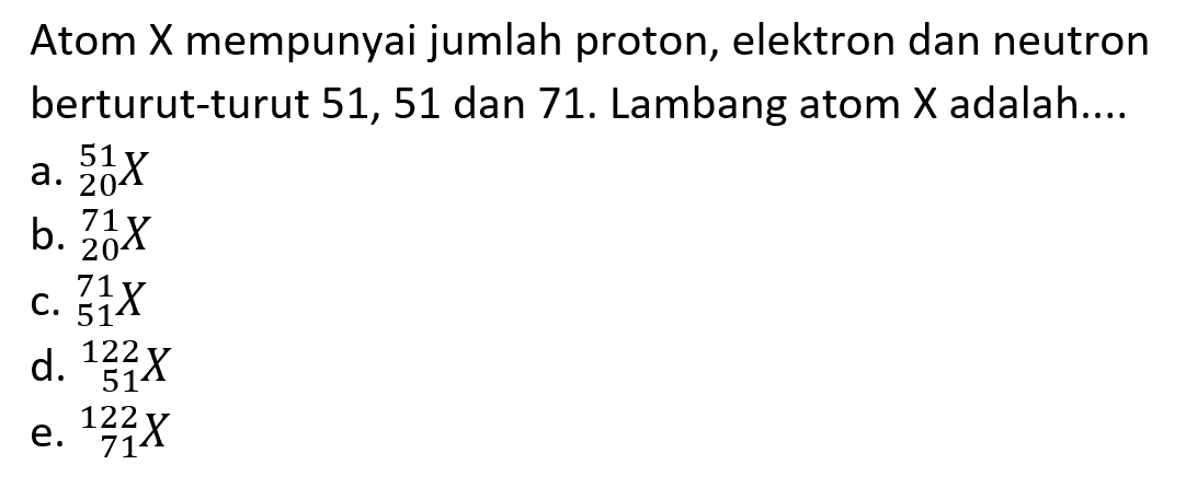 Atom X mempunyai jumlah proton, elektron dan neutron berturut-turut 51,51 dan 71 . Lambang atom  X  adalah....
a.  { )_(20)^(51) X 
b.  { )_(20)^(71) X 
c.  { )_(51)^(71) X 
d.  { )_(51)^(122) X 
e.  { )^(122) X 