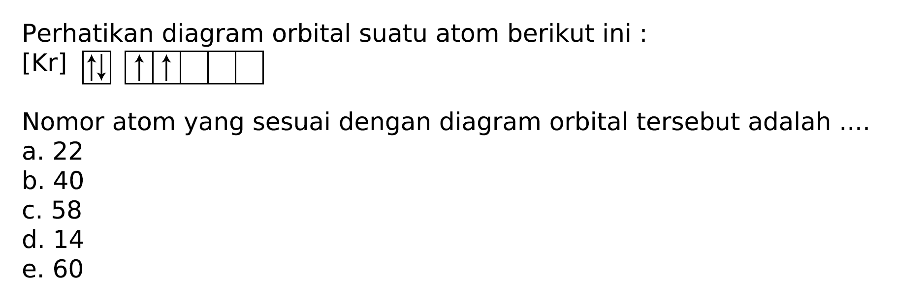 Perhatikan diagram orbital suatu atom berikut ini : 
[Kr] 
Nomor atom yang sesuai dengan diagram orbital tersebut adalah ....
a. 22
b. 40
c. 58
d. 14
e. 60