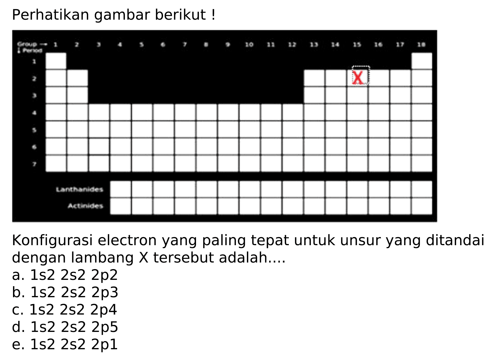 Perhatikan gambar berikut!
Konfigurasi electron yang paling tepat untuk unsur yang ditandai dengan lambang  X  tersebut adalah....
a.  1 s 22 s 22 p 2 
b.  1 s 22 s 22 p 3 
c.  1 s 22 s 22 p 4 
d. 1s2 2s2 2p5
e.  1 s 22 s 22 p 1 