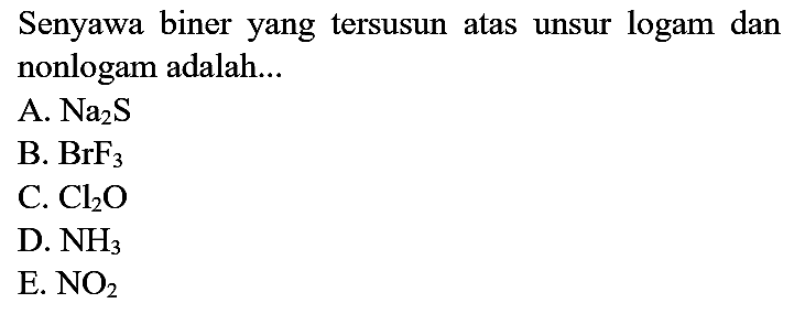 Senyawa biner yang tersusun atas unsur logam dan nonlogam adalah...