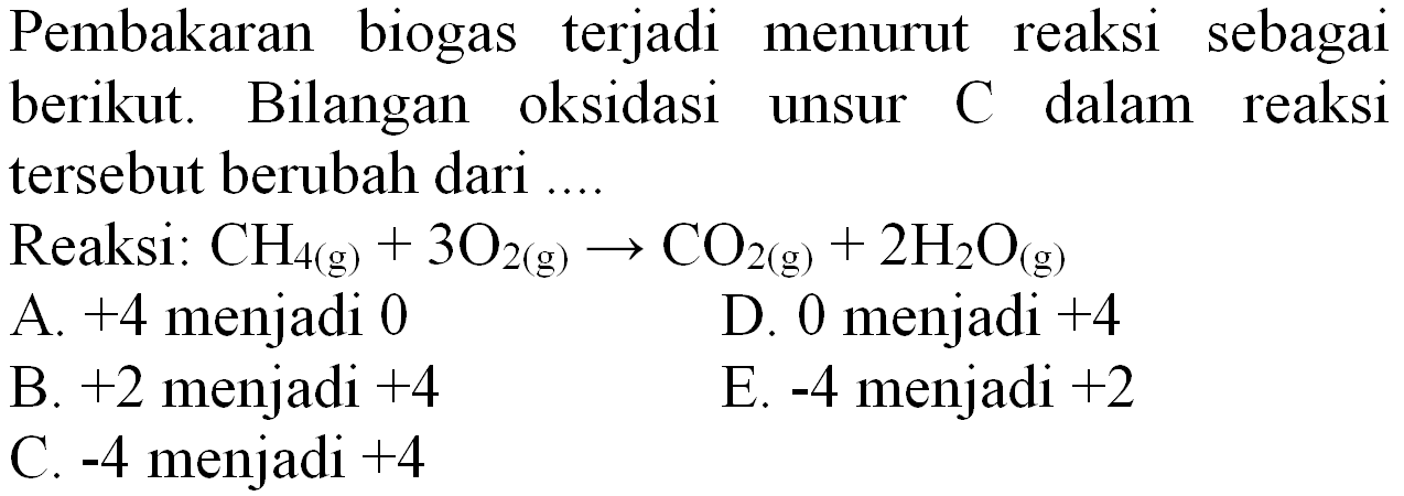 Pembakaran biogas terjadi menurut reaksi sebagai berikut. Bilangan oksidasi unsur  C  dalam reaksi tersebut berubah dari ..
Reaksi:  CH_(4(~g))+3 O_(2(~g)) -> CO_(2(~g))+2 H_(2) O_((g)) 
A.  +4  menjadi 0
D. 0 menjadi  +4 
B.  +2  menjadi  +4 
E.  -4  menjadi  +2 
C.  -4  menjadi  +4 