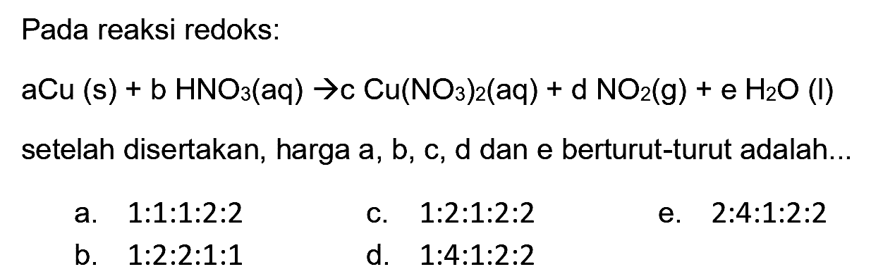 Pada reaksi redoks:

aCu(s)+b HNO_(3)(aq) -> c Cu(NO_(3))_(2)(aq)+d NO_(2)(g)+e H_(2) O(I)

setelah disertakan, harga  a, b, c, d  dan e berturut-turut adalah...
a.  1: 1: 1: 2: 2 
c.  1: 2: 1: 2: 2 
e.  2: 4: 1: 2: 2 
b.  1: 2: 2: 1: 1 
d.  1: 4: 1: 2: 2 