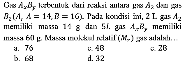 Gas AxBy terbentuk dari reaksi antara gas A2 dan gas B2 (Ar A = 14, B = 16). Pada kondisi ini, 2 L gas A2 memiliki massa 14 g dan 5 L gas Ax By memiliki massa 60 g. Massa molekul relatif (Mr) gas adalah...
