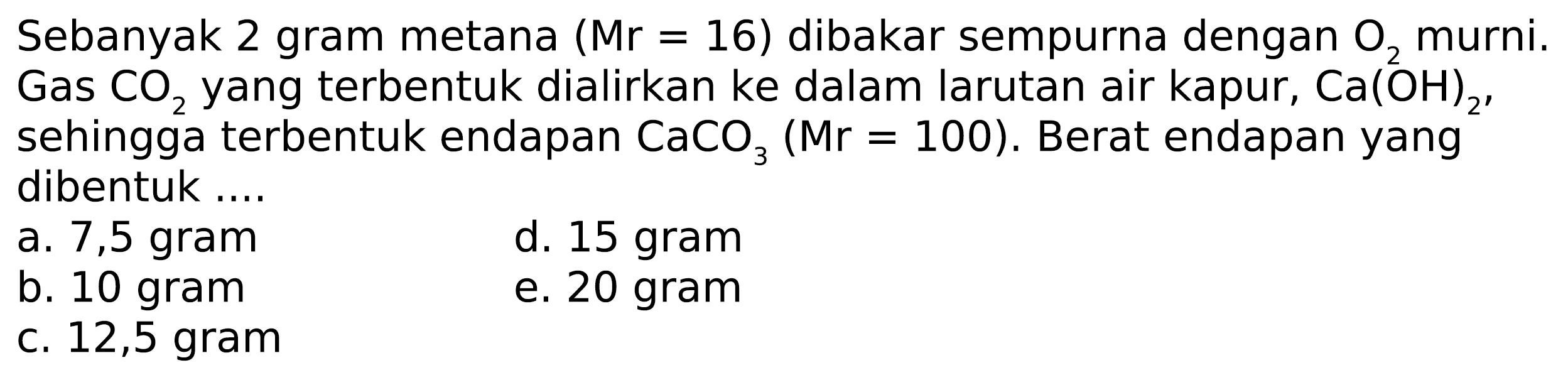 Sebanyak 2 gram metana (Mr = 16) dibakar sempurna dengan O2 murni. Gas CO2 yang terbentuk dialirkan ke dalam larutan air kapur, Ca(OH)2, sehingga terbentuk endapan CaCO3 (Mr = 100). Berat endapan yang dibentuk ....