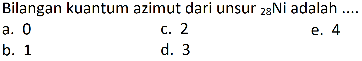 Bilangan kuantum azimut dari unsur  { )_(28) Ni  adalah ....
