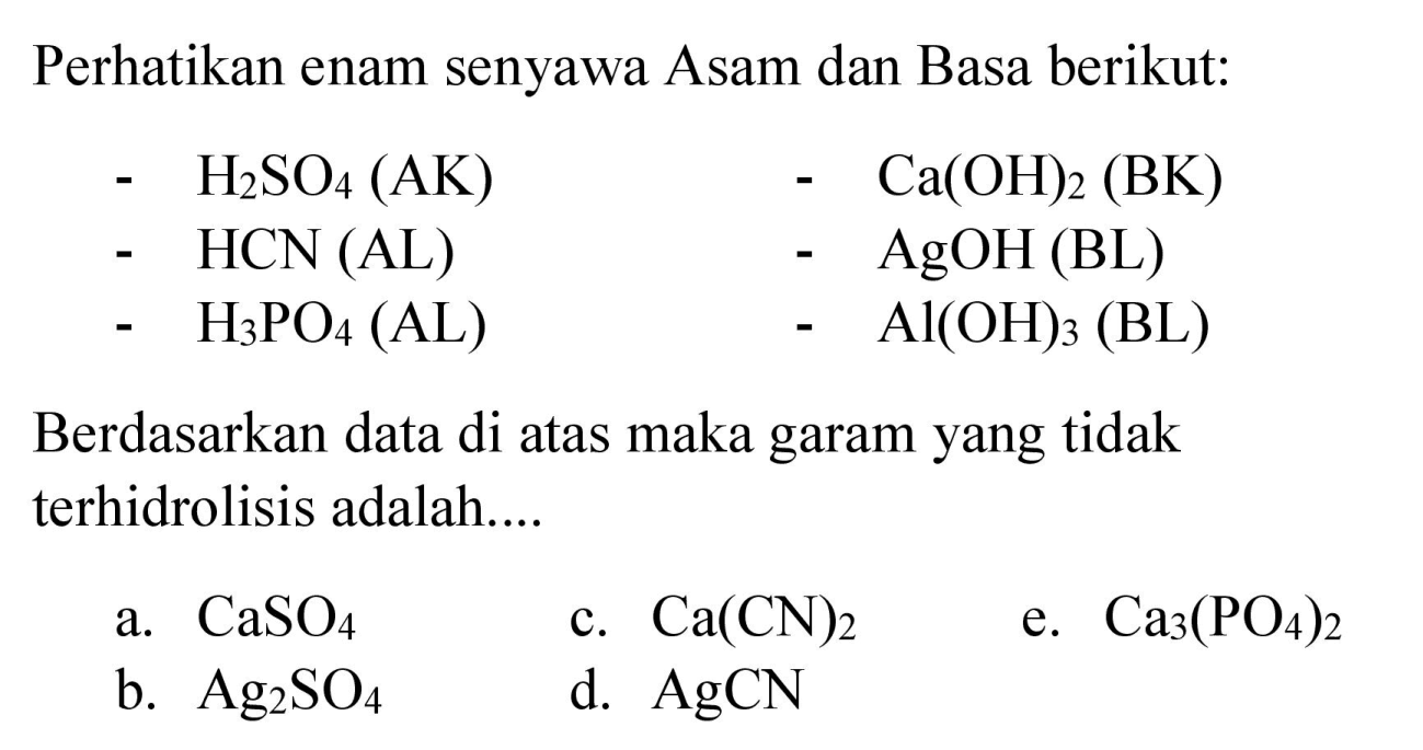 Perhatikan enam senyawa Asam dan Basa berikut: - H2SO4 (AK) - Ca(OH)2 (BK) -  HCN(AL) - AgOH (BL) - H3PO4 (AL) - Al(OH)3 (BL) Berdasarkan data di atas maka garam yang tidak terhidrolisis adalah....
a. CaSO4 c. Ca(CN)2 e. Ca3(PO4)2 b. Ag2SO4 d. AgCN