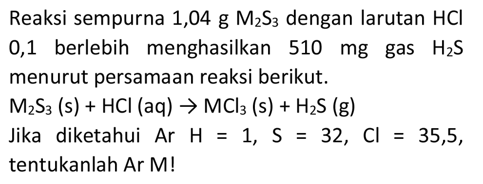 Reaksi sempurna  1,04 ~g M_(2) ~S_(3)  dengan larutan  HCl  0,1 berlebih menghasilkan  510 mg  gas  H_(2) ~S  menurut persamaan reaksi berikut.

M_(2) ~S_(3)(~s)+HCl(aq) -> MCl_(3)(~s)+H_(2) ~S(~g)

Jika diketahui Ar  H=1, ~S=32, Cl=35,5 , tentukanlah Ar M!