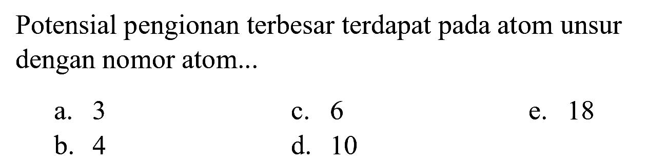 Potensial pengionan terbesar terdapat pada atom unsur dengan nomor atom...
