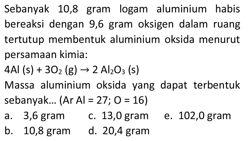 Sebanyak 10,8 gram logam aluminium habis bereaksi dengan 9,6 gram oksigen dalam ruang tertutup membentuk aluminium oksida menurut persamaan kimia:
 4 Al(s)+3 O_(2)(~g) -> 2 Al_(2) O_(3)  (s)
Massa aluminium oksida yang dapat terbentuk sebanyak...  (A r A l=27 ; O=16) 
a. 3,6 gram
c. 13,0 gram
e. 102,0 gram
b. 10,8 gram
d. 20,4 gram