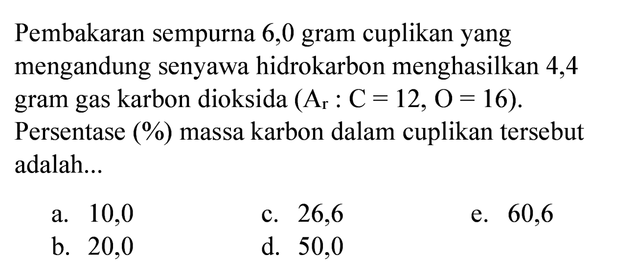 Pembakaran sempurna 6,0 gram cuplikan yang mengandung senyawa hidrokarbon menghasilkan 4,4 gram gas karbon dioksida  (A_(r): C=12, O=16) . Persentase (%) massa karbon dalam cuplikan tersebut adalah...
a. 10,0
c. 26,6
e. 60,6
b. 20,0
d. 50,0