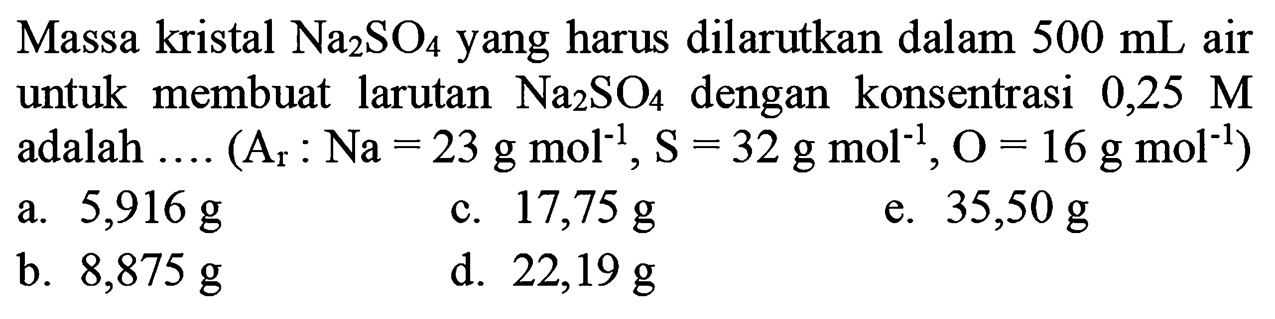 Massa kristal Na2SO4 yang harus dilarutkan dalam 500 mL air untuk membuat larutan Na2SO4 dengan konsentrasi 0,25 M adalah .... (Ar : Na = 23 g mol^(-1), S = 32 g mol^(-1), O = 16 g mol^(-1))