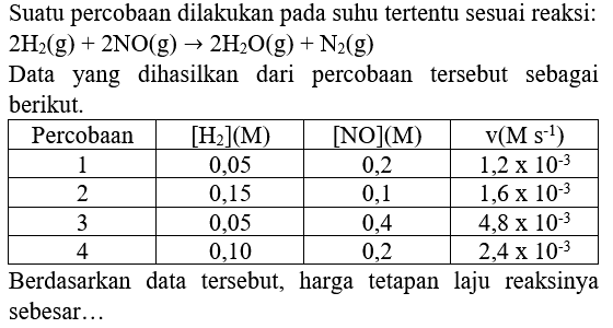 Suatu percobaan dilakukan pada suhu tertentu sesuai reaksi:  2 H2(g)+2 NO(g) -> 2 H2 O(g)+N2)(g) 
Data yang dihasilkan dari percobaan tersebut sebagai berikut.

 Percobaan  { [H2](M) )  { [NO](M) )   v(M s^(-1))  
 1  0,05  0,2   1,2 x 10^(-3)  
 2  0,15  0,1   1,6 x 10^(-3)  
 3  0,05  0,4   4,8 x 10^(-3)  
 4  0,10  0,2   2,4 x 10^(-3)  


Berdasarkan data tersebut, harga tetapan laju reaksinya sebesar...