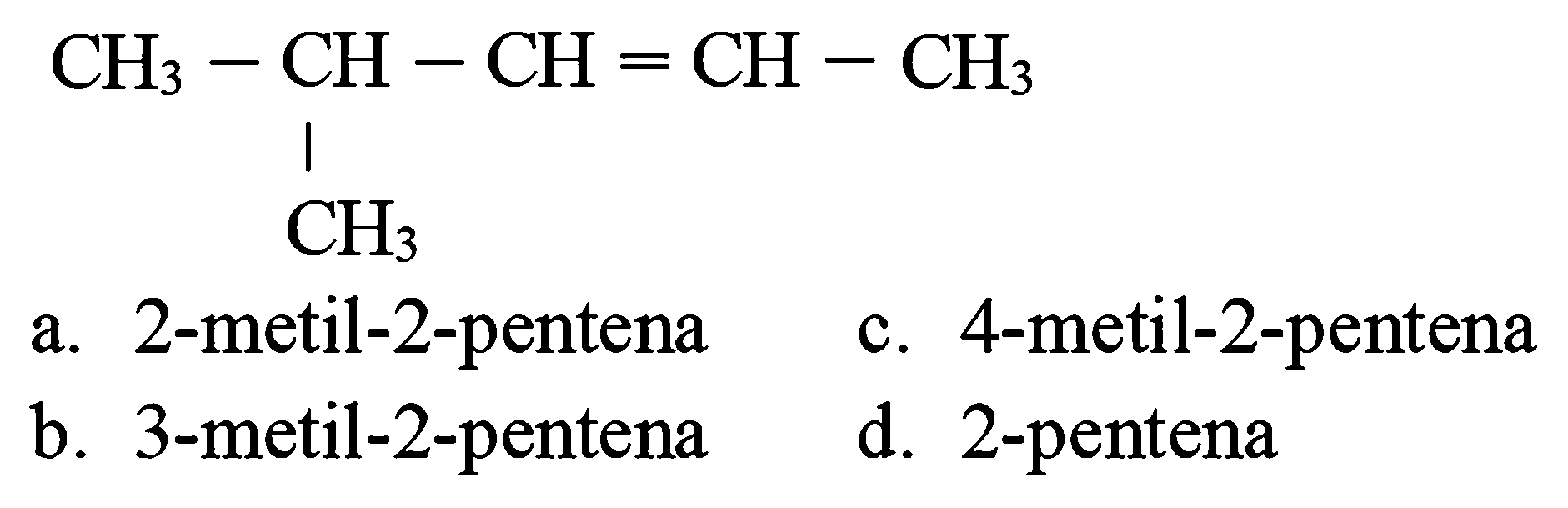 CC=CC(C)C
a. 2-metil-2-pentena
c. 4-metil-2-pentena
b. 3-metil-2-pentena
d. 2-pentena