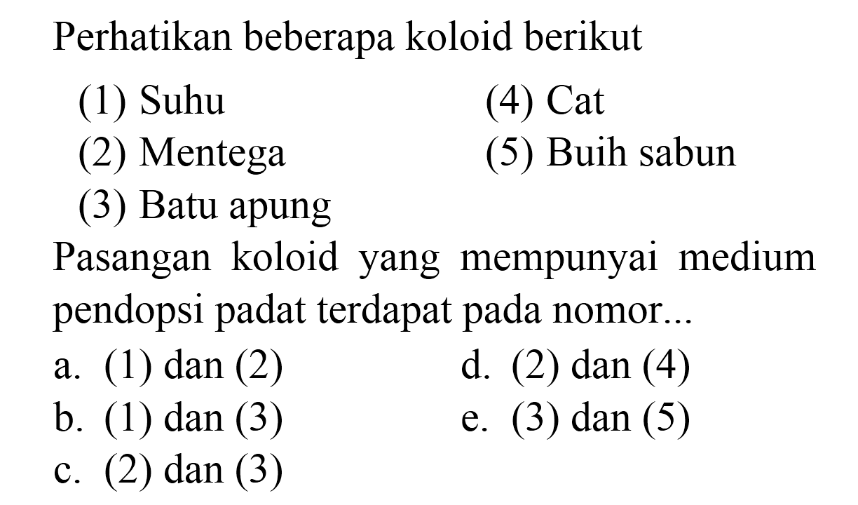 Perhatikan beberapa koloid berikut
(1) Suhu
(4) Cat
(2) Mentega
(5) Buih sabun
(3) Batu apung
Pasangan koloid yang mempunyai medium pendopsi padat terdapat pada nomor..
a. (1) dan (2)
d. (2) dan (4)
b. (1) dan (3)
e. (3) dan (5)
c. (2) dan (3)