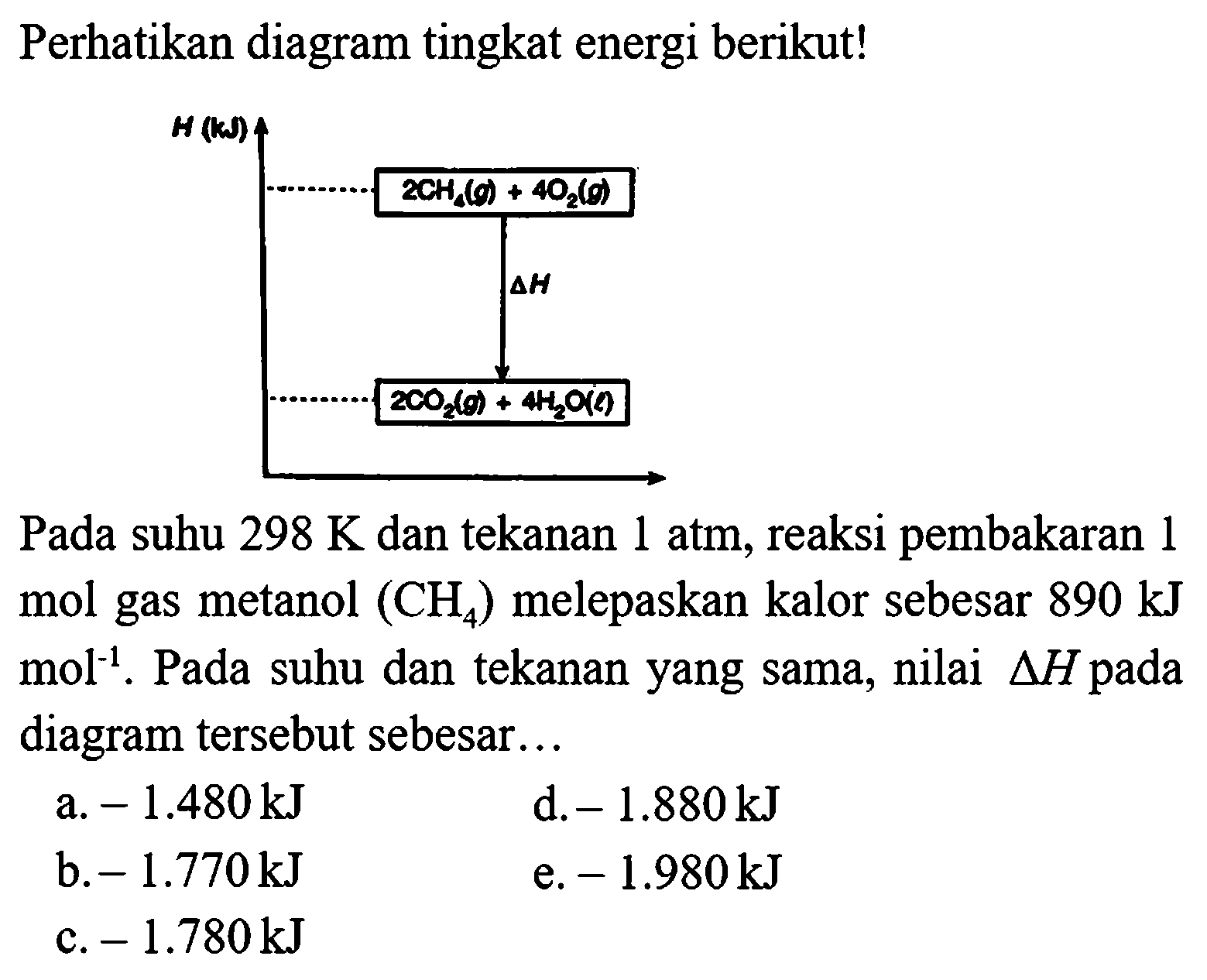 Perhatikan diagram tingkat energi berikut!
Pada suhu  298 K  dan tekanan 1 atm, reaksi pembakaran 1 mol gas metanol  (CH_(4))  melepaskan kalor sebesar  890 kJ   mol^(-1) . Pada suhu dan tekanan yang sama, nilai  segitiga H  pada diagram tersebut sebesar...
a.  -1.480 kJ 
d.  -1.880 kJ 
b.  -1.770 kJ 
e.  -1.980 kJ 
c.  -1.780 kJ 