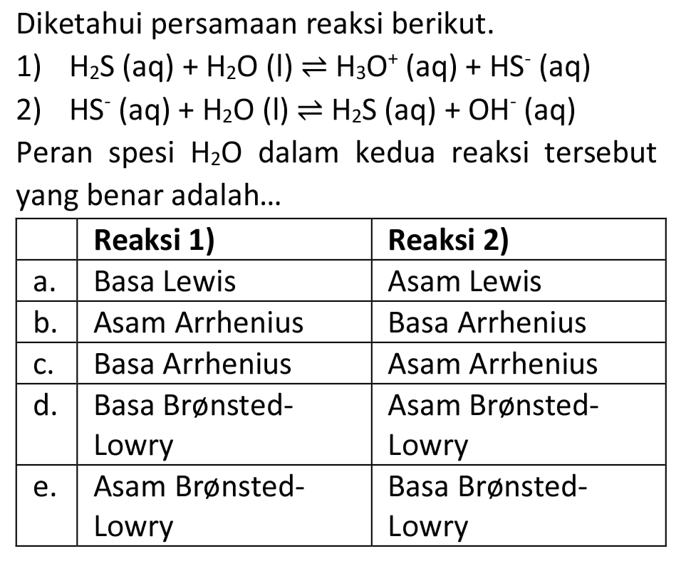 Diketahui persamaan reaksi berikut.
1)  H2 S(aq)+H2 O(l) <--> H3 O^(+)(aq)+HS^-(aq) 
2)  HS^-(aq)+H2 O(l) <--> H2 S(aq)+OH^-(aq) 
Peran spesi  H2 O  dalam kedua reaksi tersebut yang benar adalah...

  Reaksi 1)  Reaksi 2) 
 a.  Basa Lewis  Asam Lewis 
 b.  Asam Arrhenius  Basa Arrhenius 
 c.  Basa Arrhenius  Asam Arrhenius 
 d.  Basa Brønsted-  Asam Brønsted- 
 Lowry  Lowry 
 e.  Asam BrønstedLowry  Basa BrønstedLowry 

