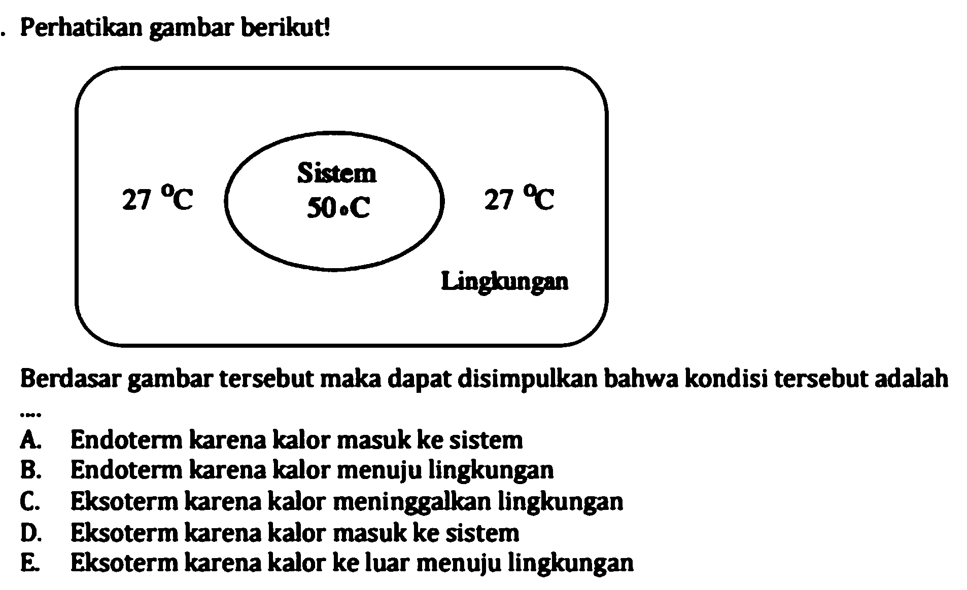 Perhatikan gambar berikut!
Berdasar gambar tersebut maka dapat disimpulkan bahwa kondisi tersebut adalah
A. Endoterm karena kalor masuk ke sistem
B. Endoterm karena kalor menuju lingkungan
C. Eksoterm karena kalor meninggalkan lingkungan
D. Eksoterm karena kalor masuk ke sistem
E. Eksoterm karena kalor ke luar menuju lingkungan