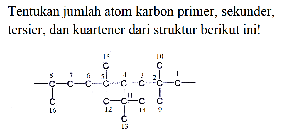 8 7 6 5 15 4 3 2 10 1 16 12 11 14 9 13
Tentukan jumlah atom karbon primer, sekunder, tersier, dan kuartener dari struktur berikut ini!